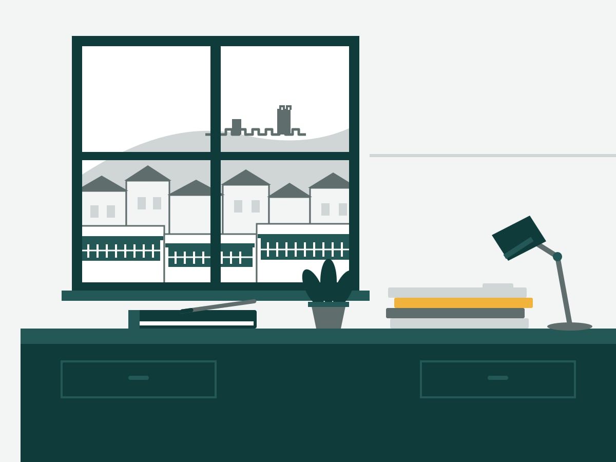 Illustration of a desk with a closed ledger and a stack of folders, beside a window onto old Tbilisi houses with wooden balconies and a fortress wall on the hill